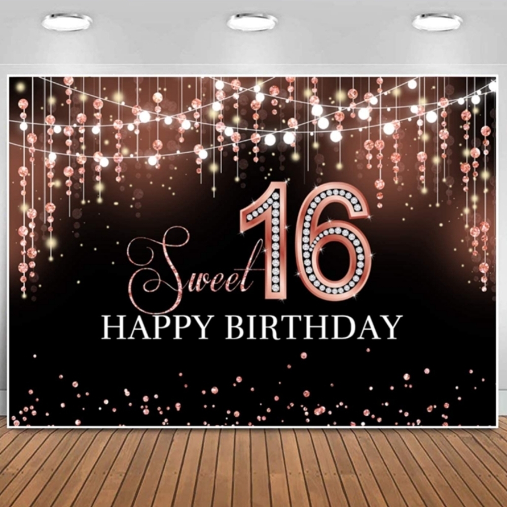 Sweet 16 Happy Birthday Backdrop - Black and Gold